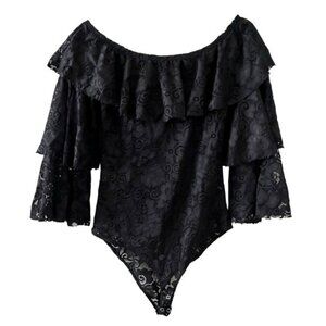 Touch Me Black Lace Bodysuit Sz M Bell Sleeves Romantic Drama Off the shoulders